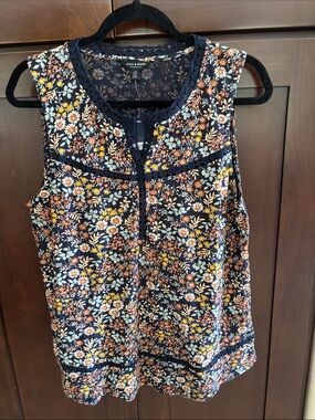 Lucky Brand Navy Floral Crochet-Trim Sleeveless Top